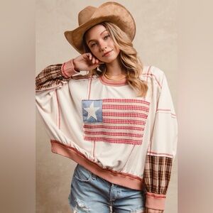 BIBI NWT Sweatshirt American Flag Patchwork French Terry Oatmeal Size small - Xl